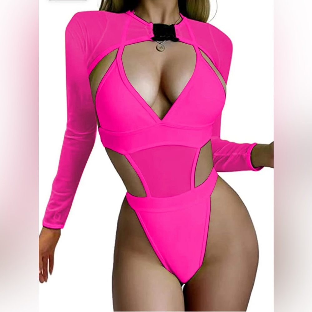 Neon Bodysuit Concert Swimsuit Mesh Buckle Crop Top Club Party Bikini 2 Pcs Set